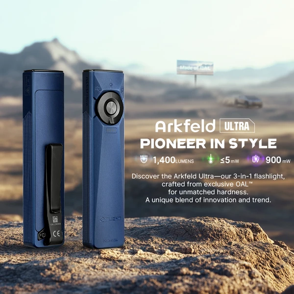 Arkfeld Ultra 3-in-1 EDC Flashlight 1400 Lumens UV Green Laser OAL