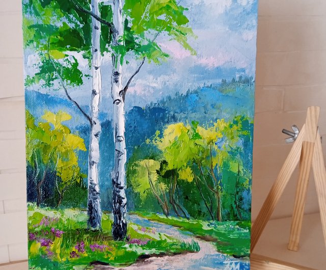 清水晶一・秋の白樺林 油絵 絵画 裏書有 インテリア 置物 オブジェ