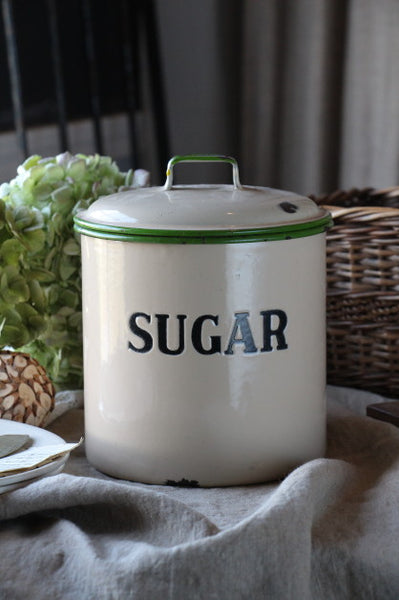 グリーンのラインが可愛いホーローシュガーキャニスター（琺瑯缶