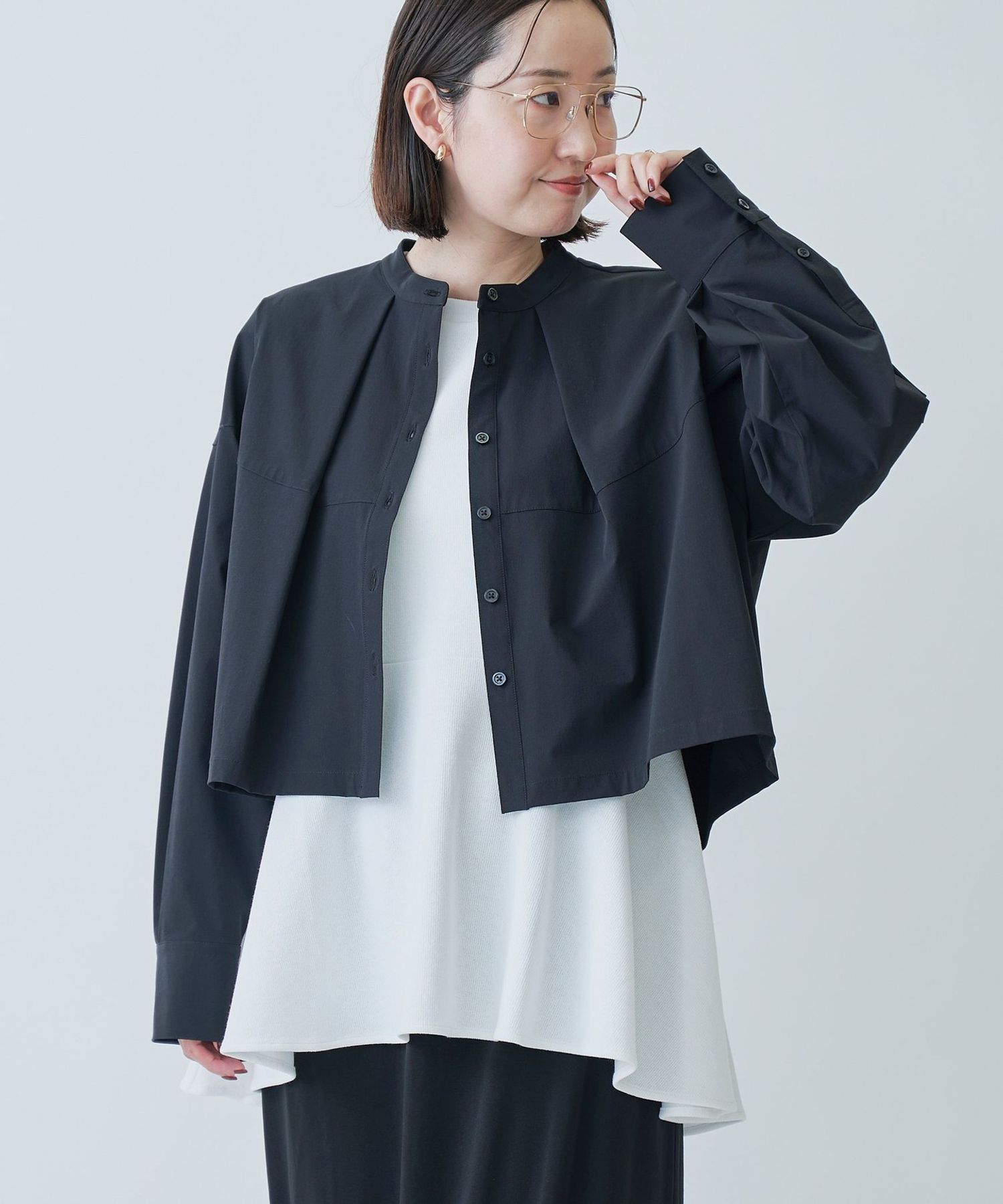 はっ水//防しわ/ストレッチ/接触冷感】ボーダレス クロップド シャツ