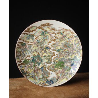 九谷 二代 上出喜山 山水楼閣図 大皿 P259｜骨董店 のびる 古美術 骨董