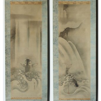 倣 狩野融川 狩野探信守道 合作【瀧鯉図】双幅掛軸 Z381｜骨董店