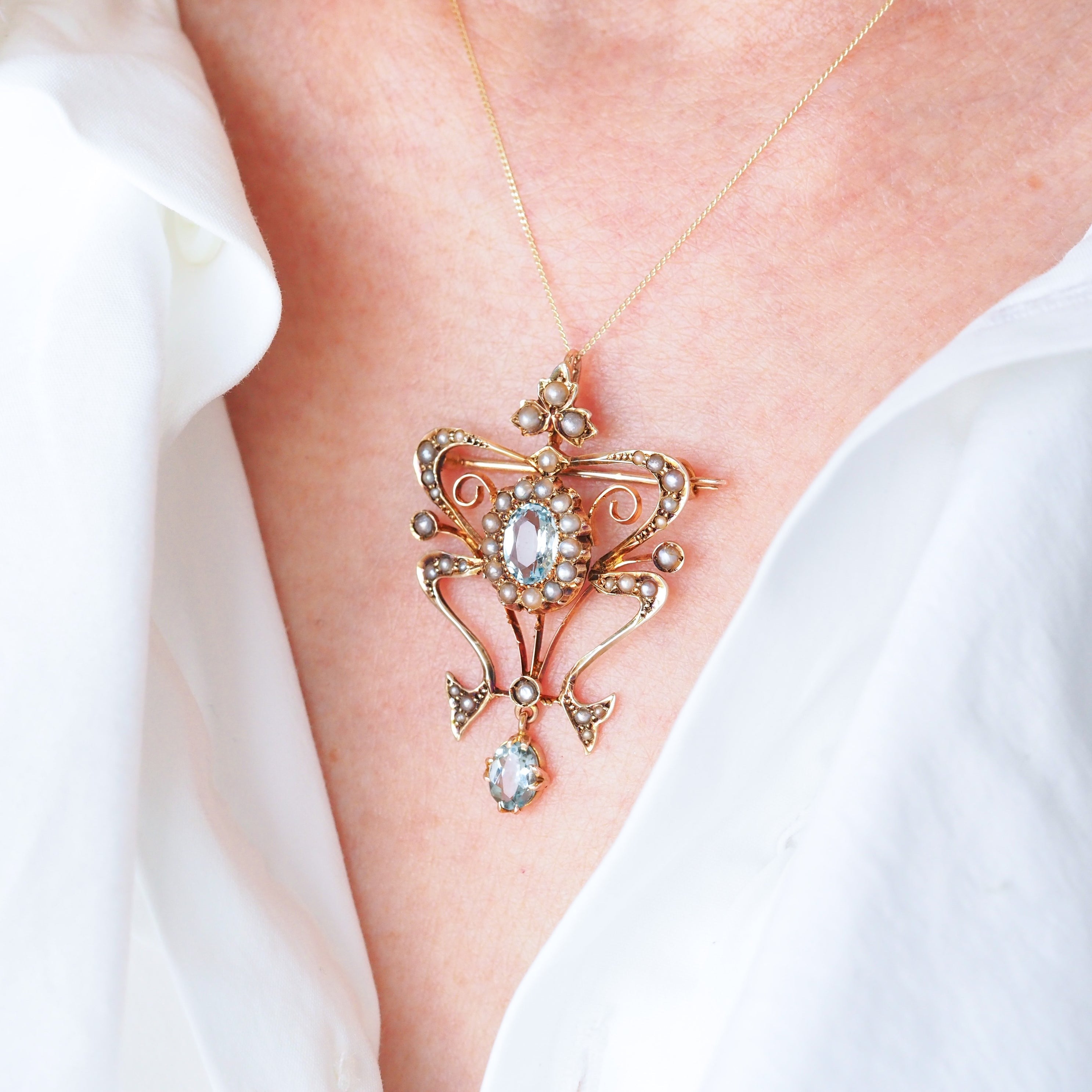 アクアマリン パール ドロップス ゴールドネックレス - 英国