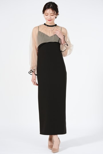 Ameri VINTAGE シアーチュールトップス付きブラックドレス (S) を