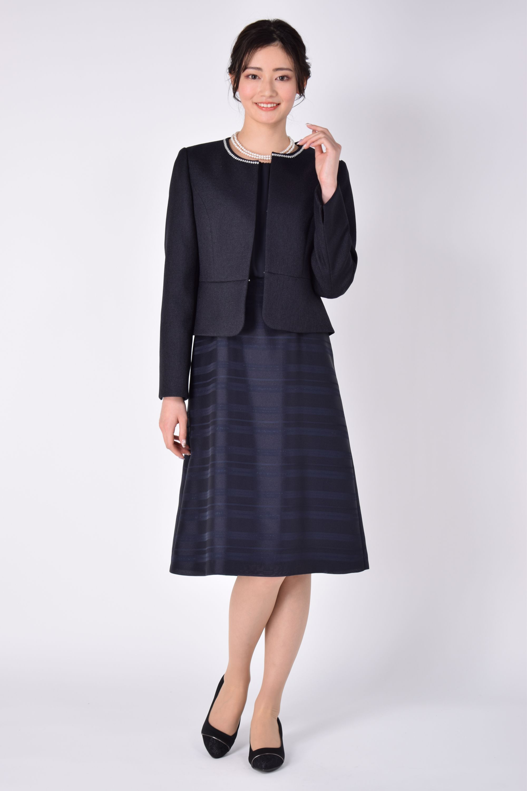 RIFANNE 東京ソワール ネイビーボーダー織ワンピースセット (M) を