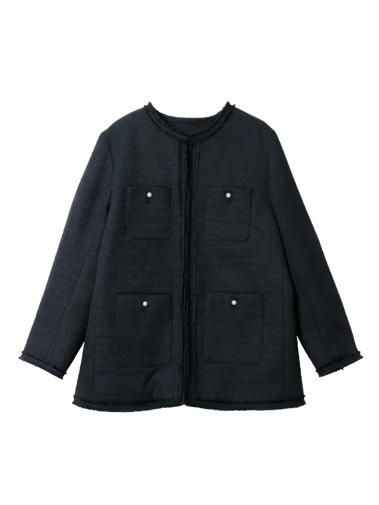 ネイビー 【SalaSweet (サラスウィート)】パールボタン単品ツイード