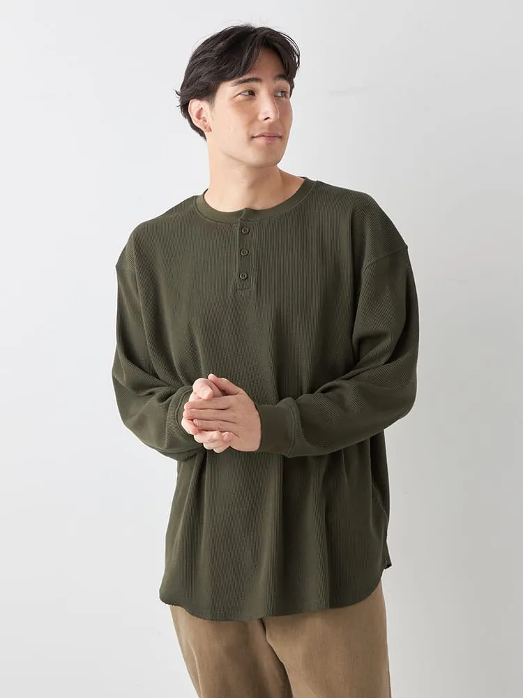 L．グレー 【EL.FO】無地ワッフル編みヘンリーネック長袖Tシャツ