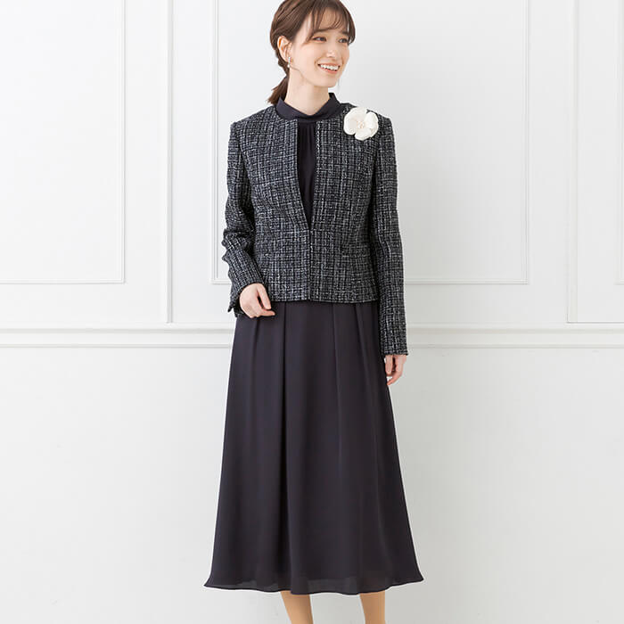 チェックツイードジャケットのセレモニースーツ 13号・ネイビー