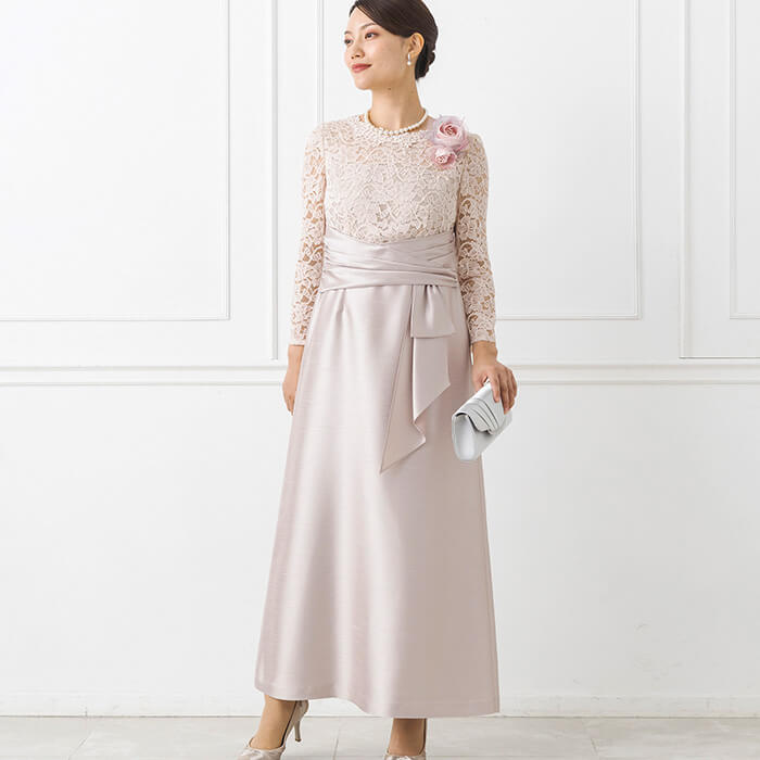 ラッセルレース×シャンタンのロングドレス 13号・ピンクベージュ