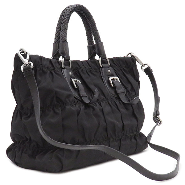 プラダ PRADA メタルロゴ ギャザー ブラック ナイロン レザー 2WAY