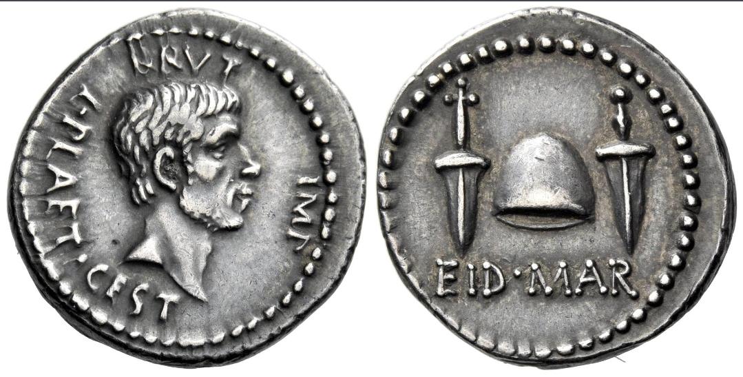 マルクス・ユニウス・ブルータスが発行したデナリウス。紀元前42年