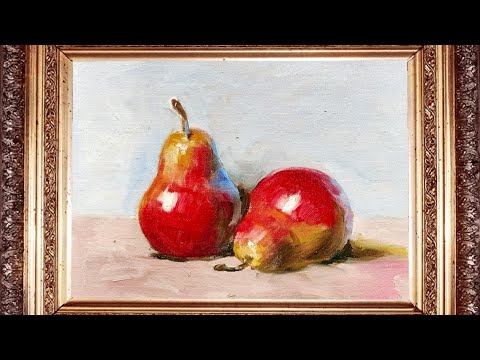 土人教画】682 这是一幅色彩明快、笔触流畅的静物油画作品，主体为两枚