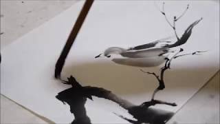 水墨画 梅に鶯 Indian ink painting plum & Nightingale - YouTube