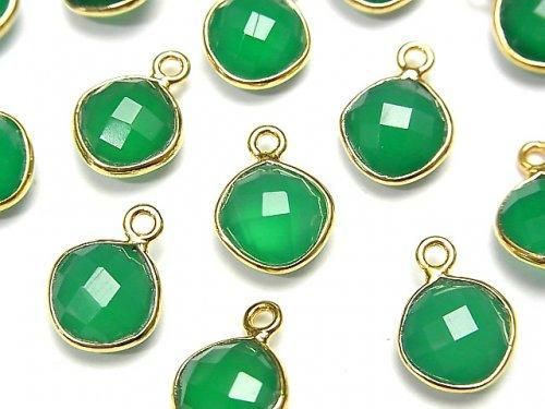 グリーンオニキス 枠留めダイヤ9×9mm クッションカット 18KGP 3個