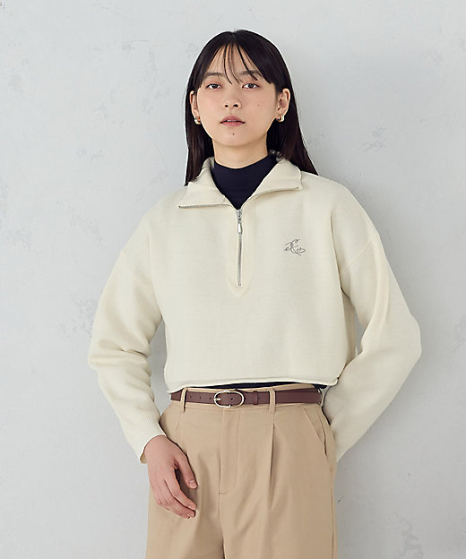 ウォッシャブル】ワンポイント 刺繍 ハーフジップニット