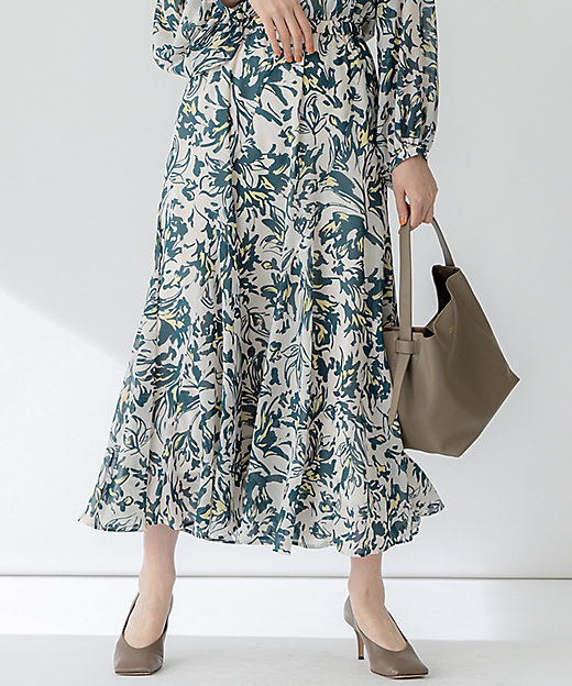 洗える】ニュアンスフラワープリント フレア スカート