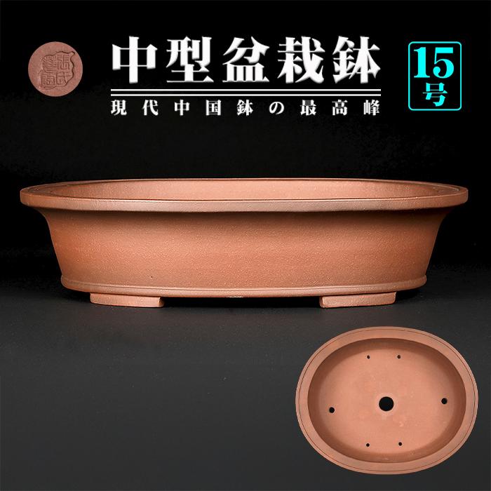 盆栽鉢 紫泥外縁下紐楕円鉢 植木鉢 中国鉢 張氏製陶 落款あり 15号