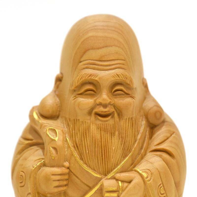 木彫り仏像 七福神之【寿老人】 柘植 金泥付 高さ8.5cm : 海宇工芸館