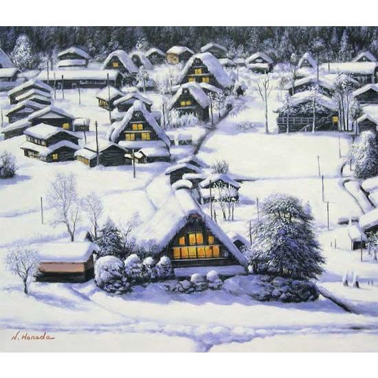 絵画 油絵 雪の白川郷 （原田信夫） 【肉筆】【油絵】【日本の風景