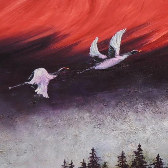 絵画 油絵 富士に鶴（赤富士） F20号 （佐野次郎） 【肉筆】【油絵