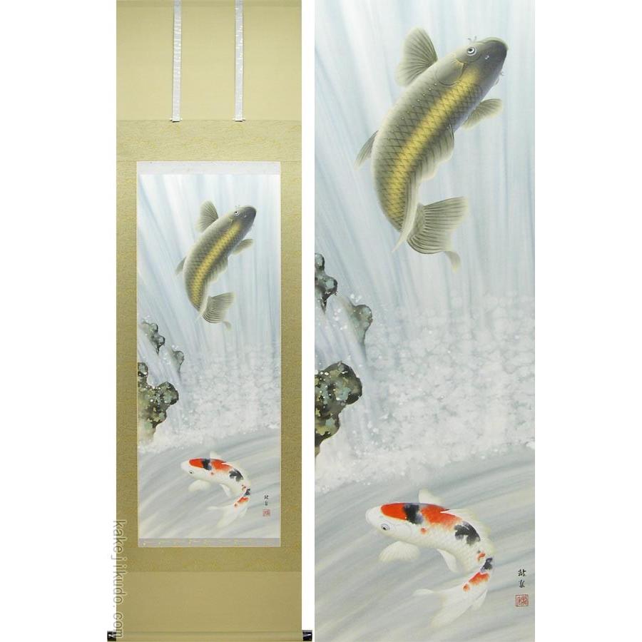 掛け軸 滝上り鯉 (仲田龍安) 【掛軸】【一間床・半間床】【鯉