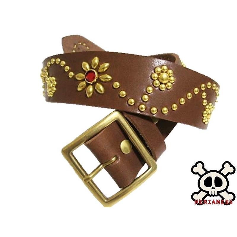 真鍮製バックル 栃木レザー フラワー型スタッズベルト チョコ レッド