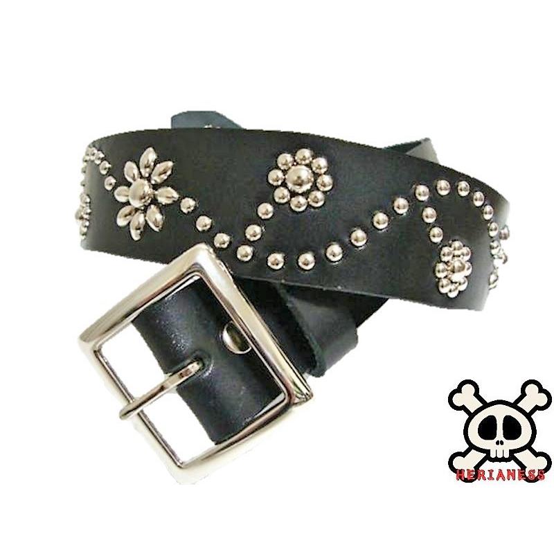 栃木レザー フラワー型 スタッズベルト 黒 ニッケルオンリー 日本製 一