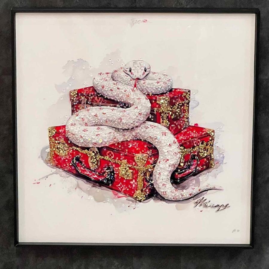 送料無料 クリスタルアートパネル オマージュアートパネル ヘビ 蛇 白