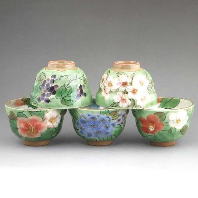 京焼 清水焼 織部五草花お茶呑茶碗揃え 陶あん : 松韻堂 Yahoo!店