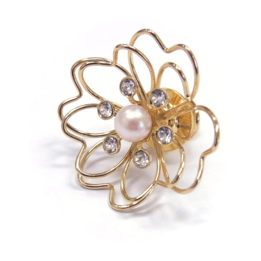 花モチーフ ゴールド パールブローチ タックブローチ 本真珠