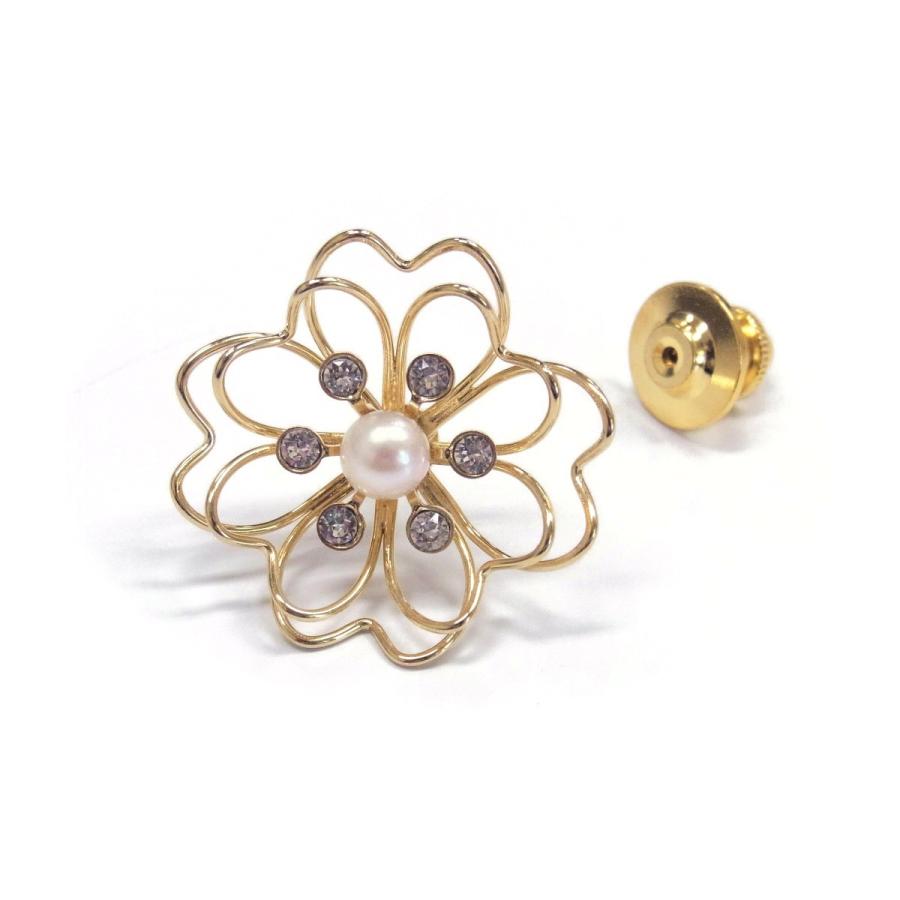花モチーフ ゴールド パールブローチ タックブローチ 本真珠