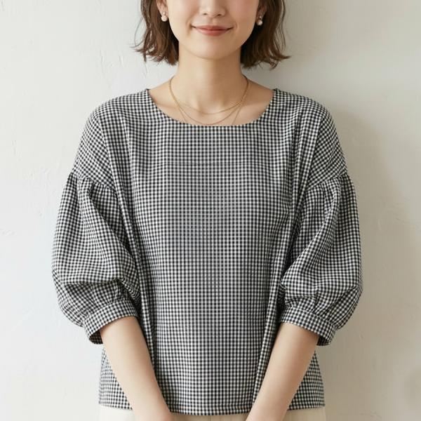 数量限定 レディース ギンガム チェック柄 ブラウス シャツ 七分袖