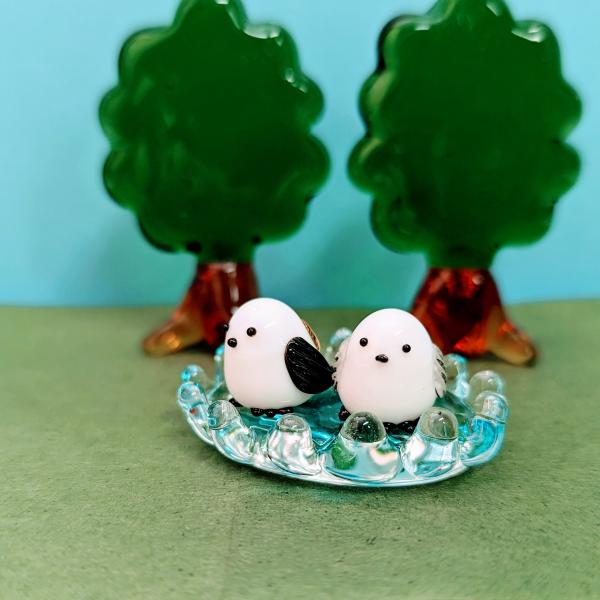 ガラス細工 シマエナガ カゴペア 青 ミニチュア 置物 雑貨 動物 鳥