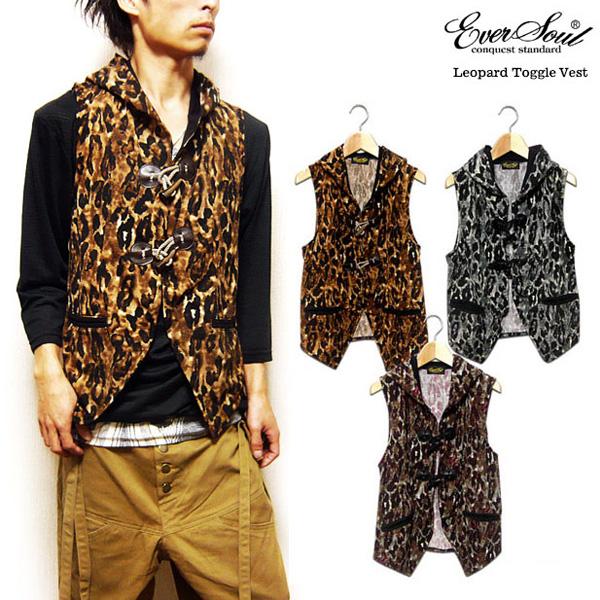 ベスト メンズ フード付き ヒョウ柄 トグル 春 秋 派手 おしゃれ
