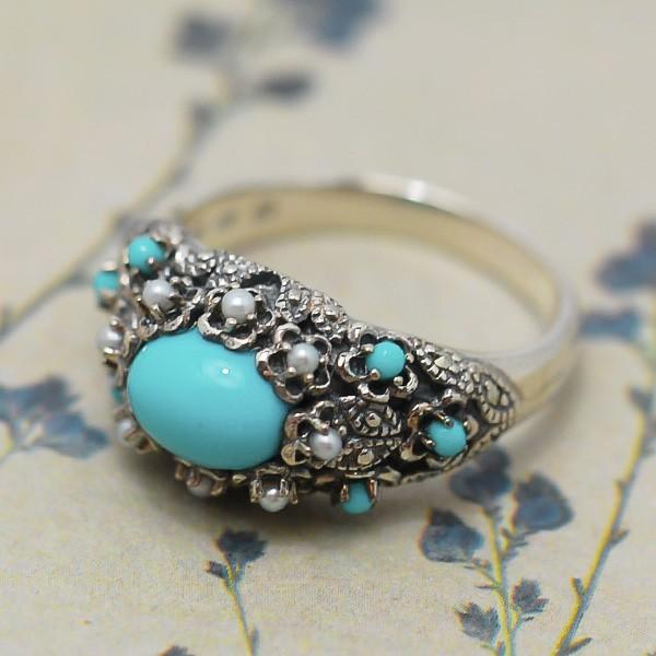 碌山 ターコイズ シードパール リング シックで華やかなアンティーク