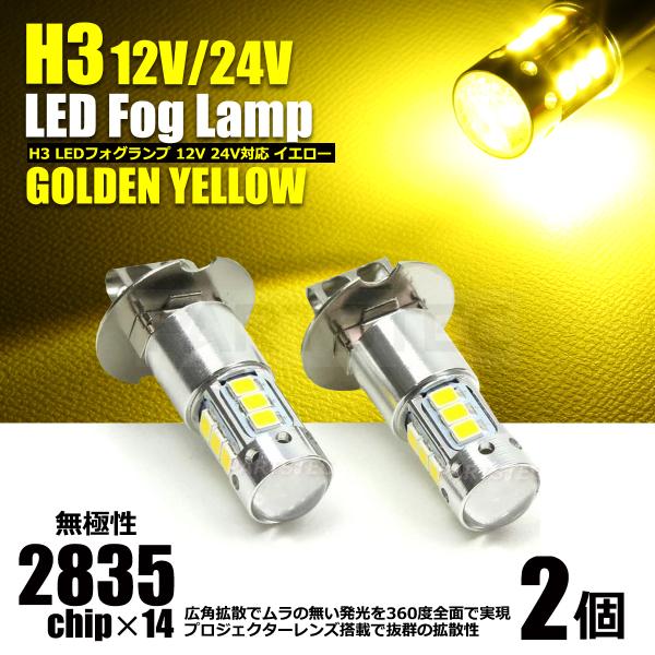 H3 LEDフォグランプ イエロー 黄 2個 汎用 ショートバルブ 12V 24V
