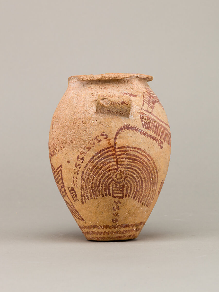 船と植物模様陶器壺 Decorated ware jar depicting boats and plants