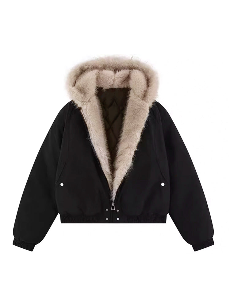 即納】フード付きファーコート