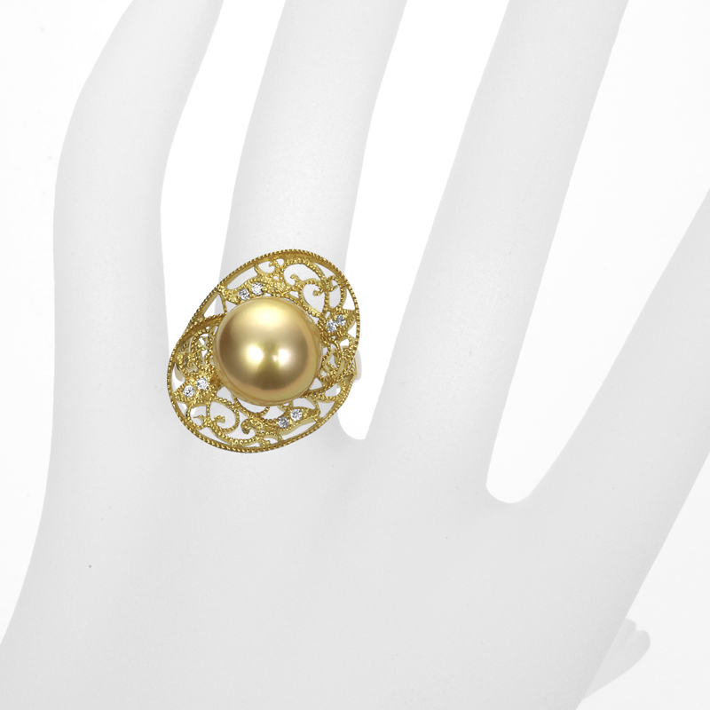 オーロラ茶金 K18 南洋ゴールドパール リング（11.7ミリ D0.08ct・無