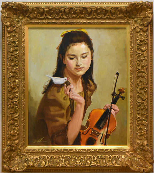 奥龍之介「バイオリンを持つ少女」油絵・F3号 絵画買取・販売の小竹美術