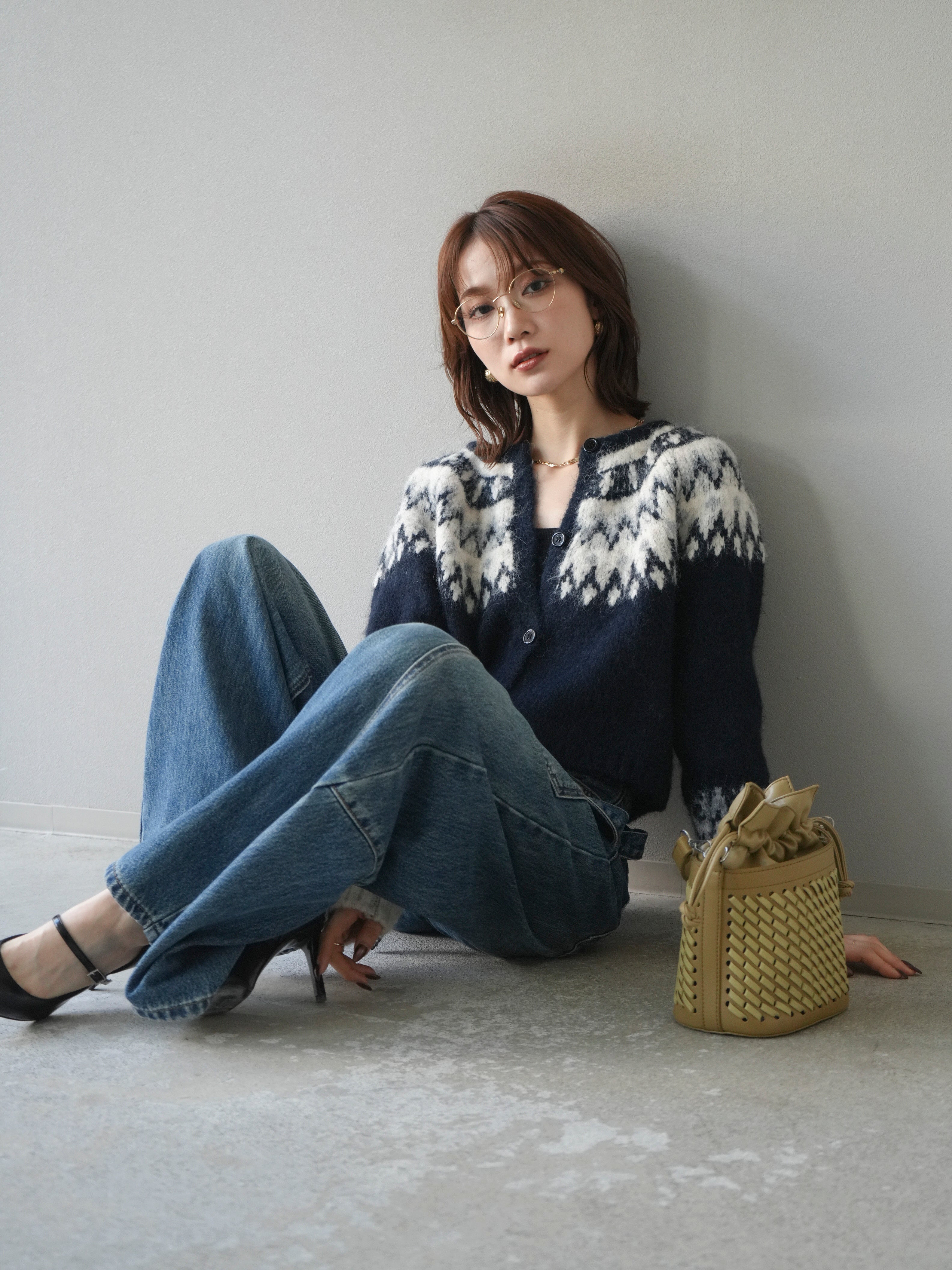 SET]求心柄クロップドニットカーディガン+ペインターカーブデニム