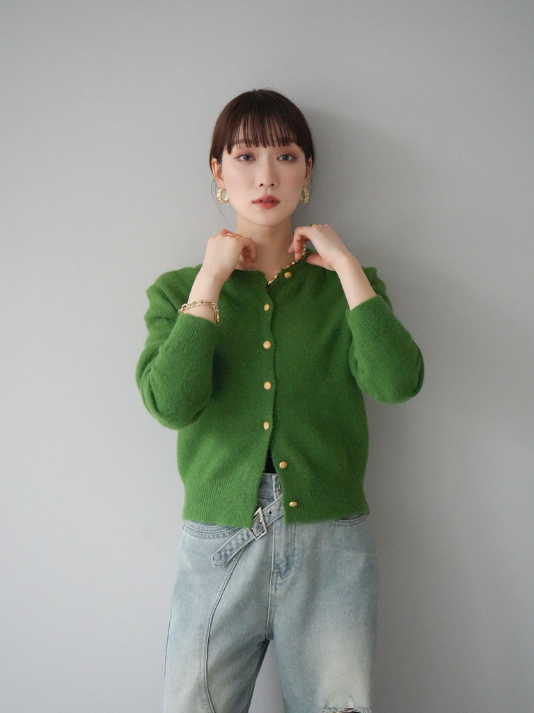 予約]ゴールドボタンコンパクトニットカーディガン/グリーン – Lumier