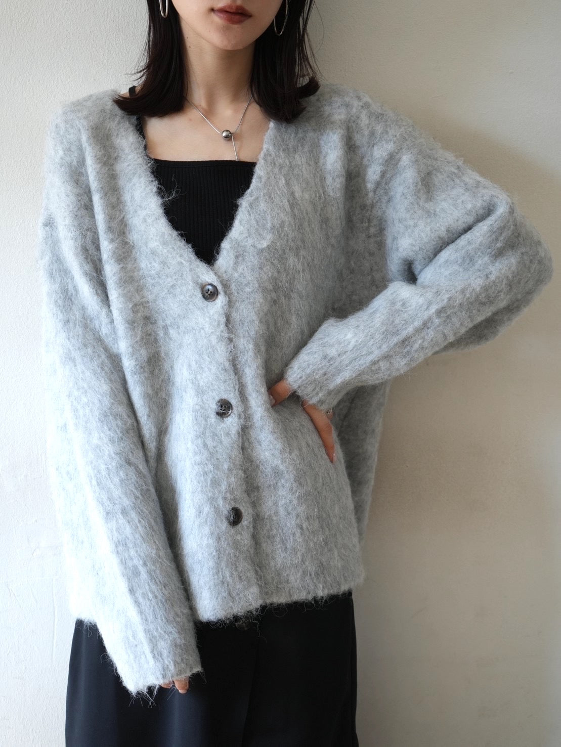 予約]モヘアニットカーディガン/ライトグレー – Lumier