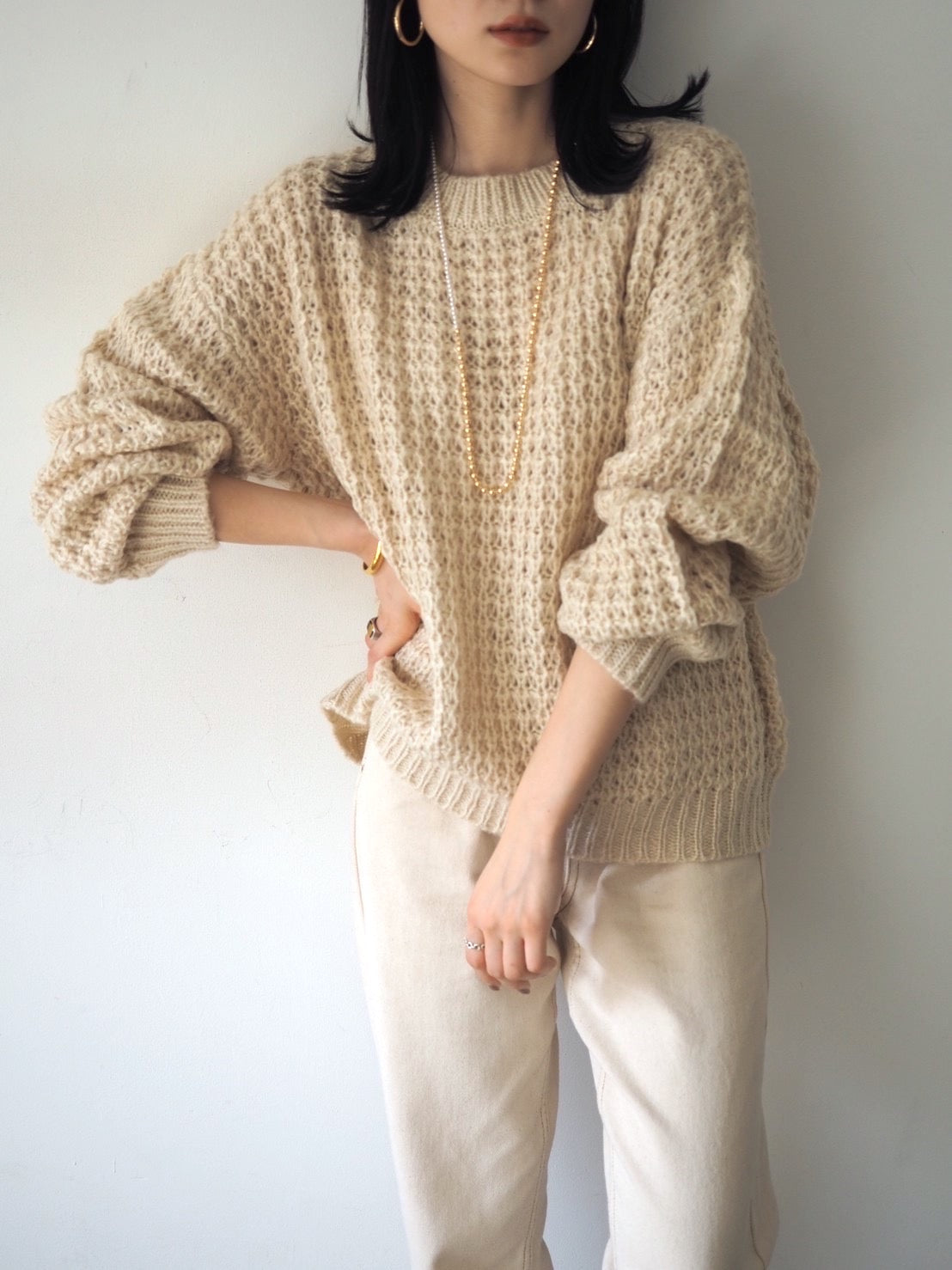 予約]モヘアタッチ透かし編みルーズニット/アイボリー – Lumier