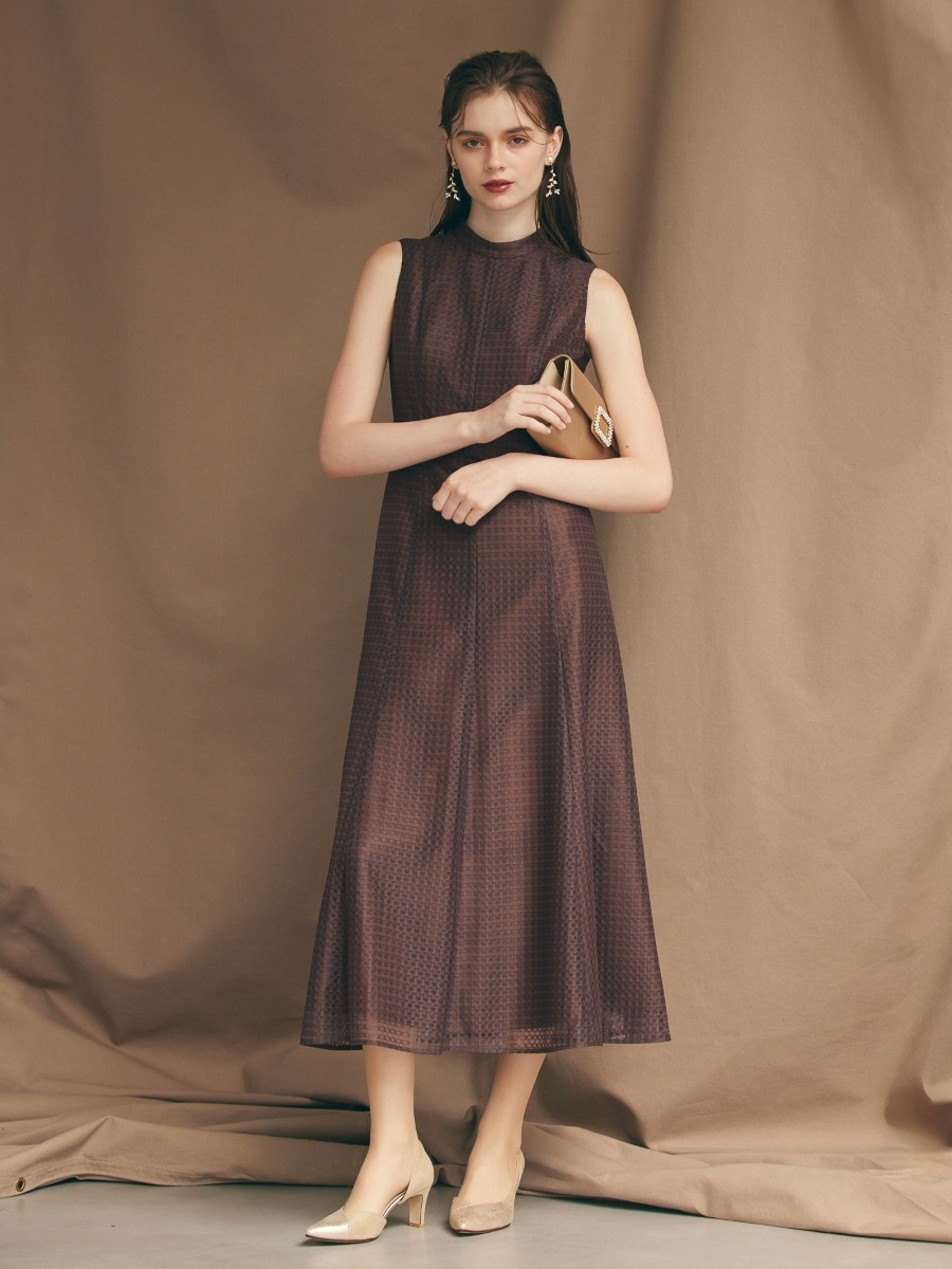 試着キャンペーン対象】シアーチェックレースプチハイネックドレス(M