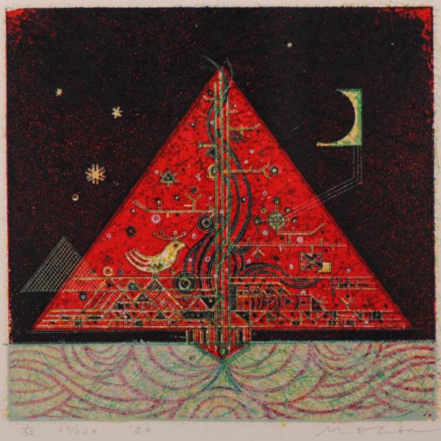 大場正男がペーパースクリーンの版画で制作した絵「夜」