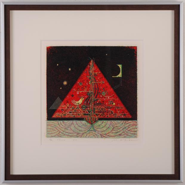 大場正男がペーパースクリーンの版画で制作した絵「夜」