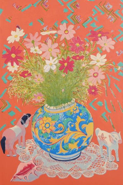 花の絵画をリトグラフの版画で制作した進藤蕃のコスモスの花の絵「秋桜