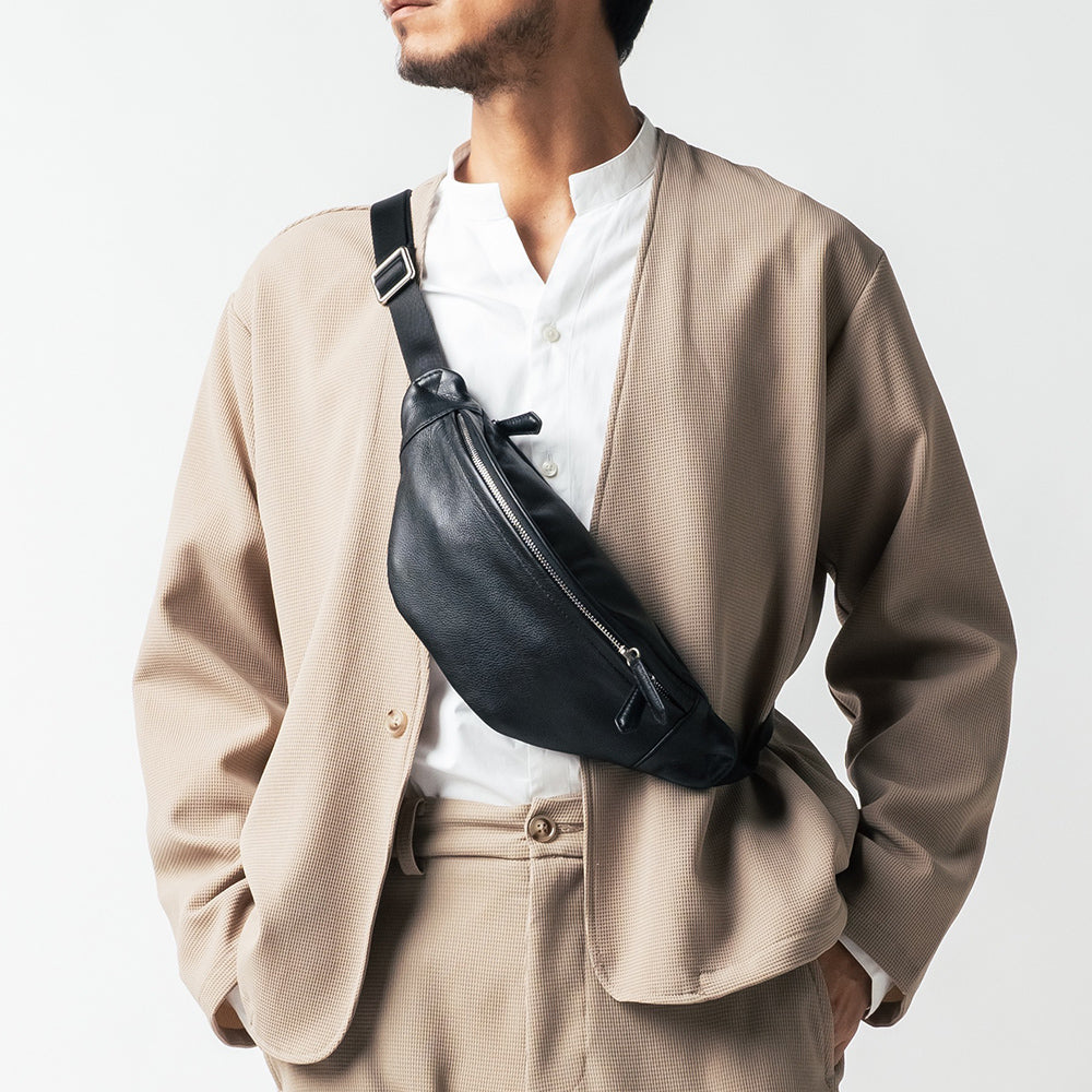 牛革シュリンクレザー YKKファスナー ボディバッグ ウエストポーチ