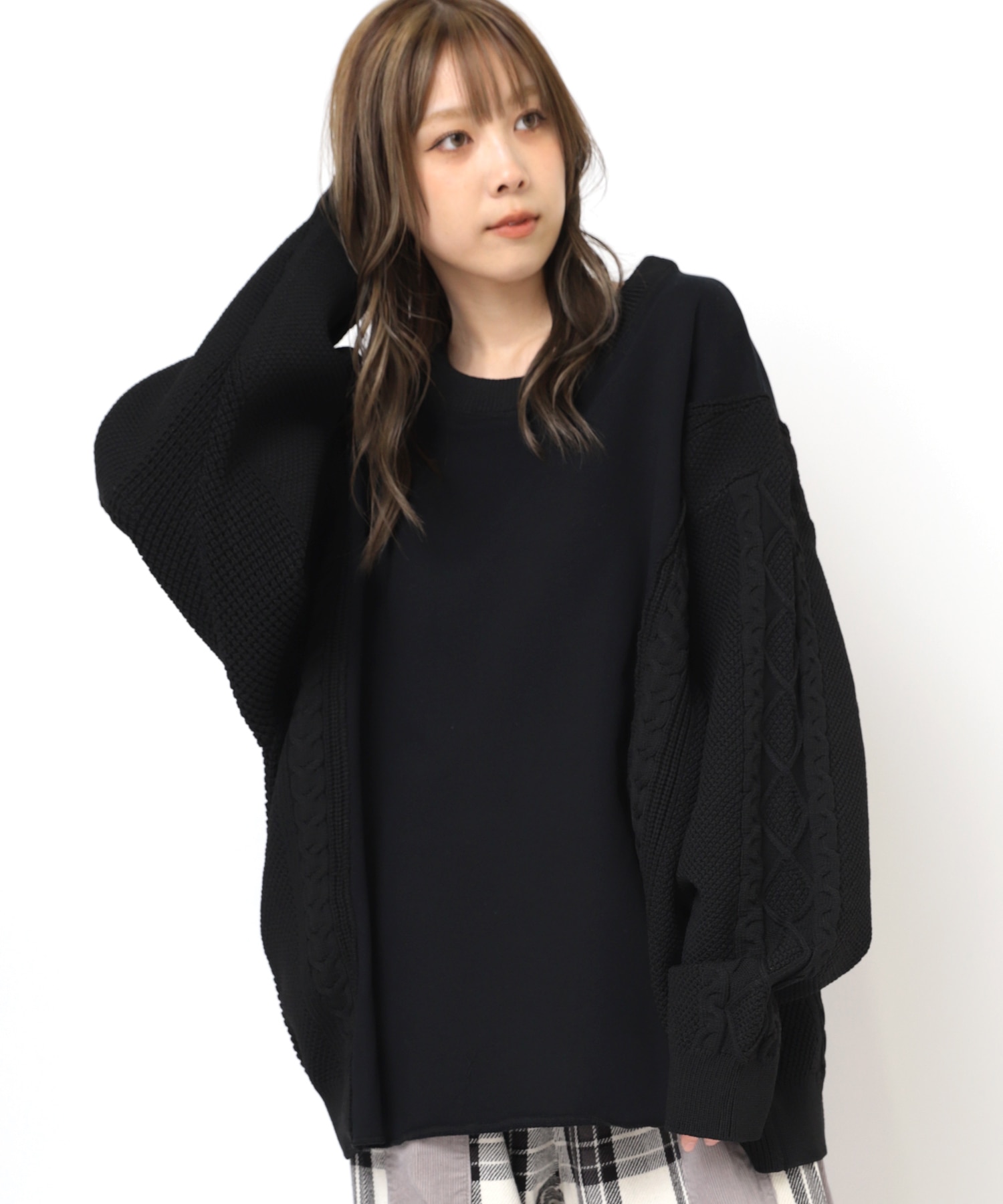 K2710 アランニットコンビ裏毛プルオーバー(M ブラック): トップス